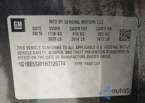 2017 Chevrolet Cruze Lt Auto from USA, damaged, VIN 1G1BE5SM1H7126774